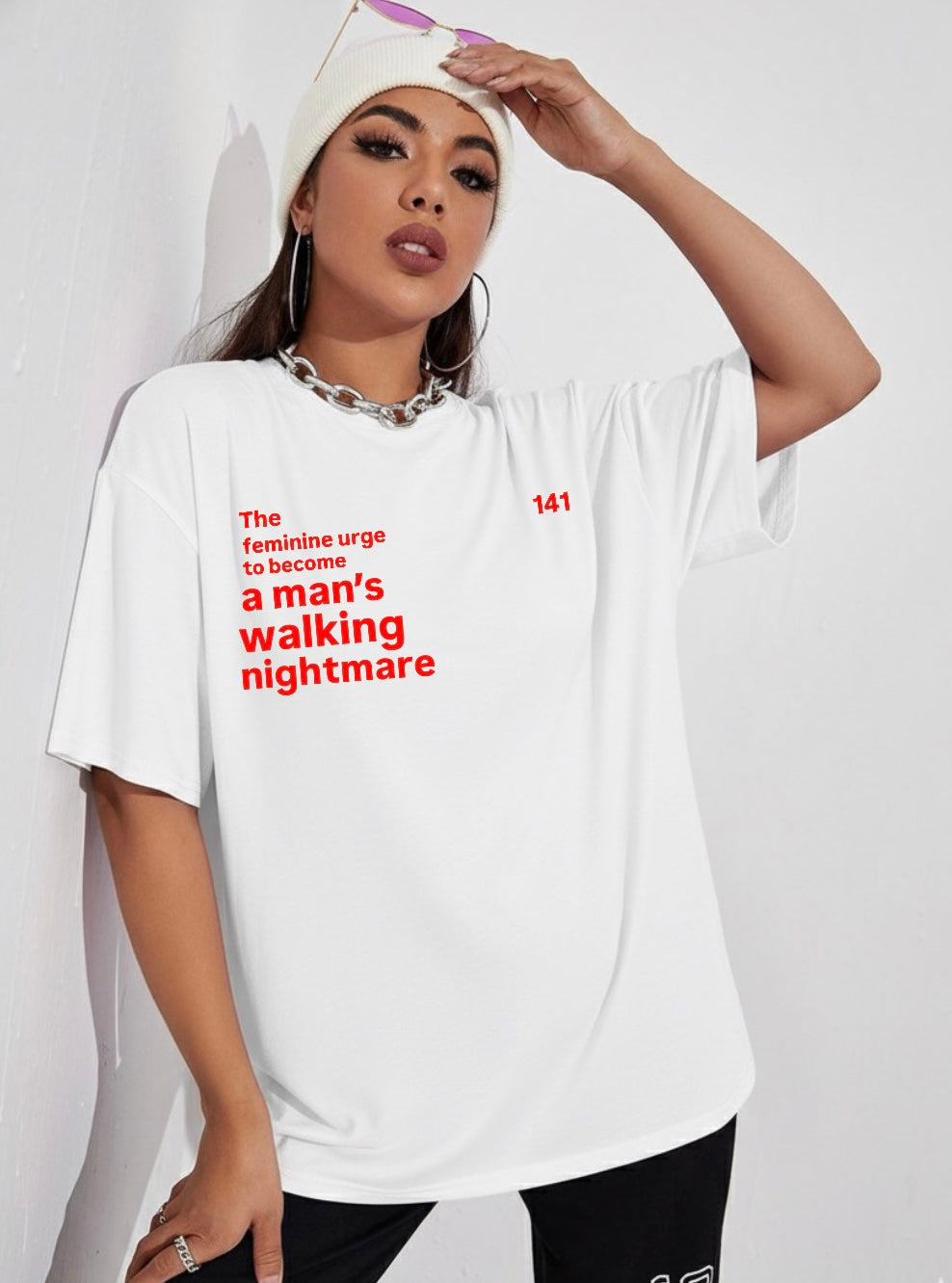 A man’s walking nightmare, oversize T-shirt, white edition (women)
